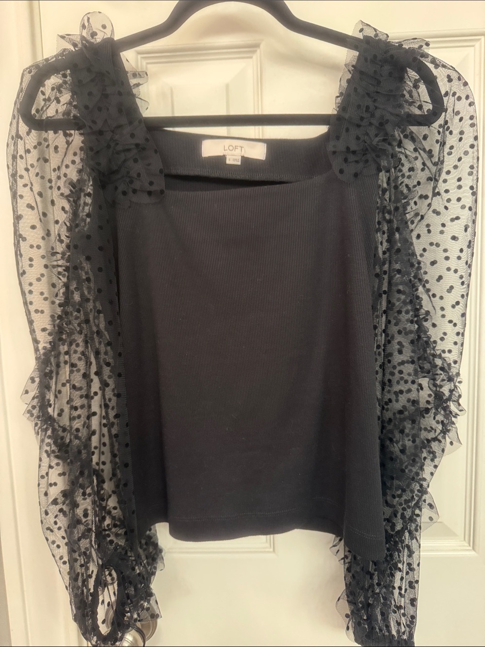 LOFT Black Off-Shoulder Sweater with Sheer Polka Dot Sleeves